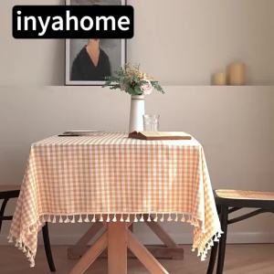 Mint Green Small Check Pattern Country-Style Rectangular Tablecloth with Tassel Festive Decorative Table Cover Christmas Gift