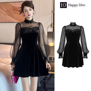 Happy Diva เดรสผู้หญิง เดรสสีดำ เดรสทรงเอ เดรสกำมะหยี่ เดรสทำงาน เดรสไฮโซ เดรสวินเทจ เดรสออกงาน เดรสปาร์ตี้ ชุดราตรี 80381