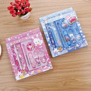 WELOVE 9pcs Cartoon Stationery Set Kids Present Pencil Ruler Eraser Glue Scissors Pen Birthday Gift Hadiah Kanak