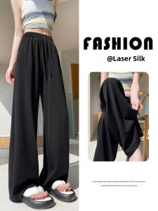 JIANGLU | Plus Size Womens High Waist Straight Leg Ice Silk Wide Leg Pants Summer Casual Wear Chiffon Blend Comfortable Fit Trousers