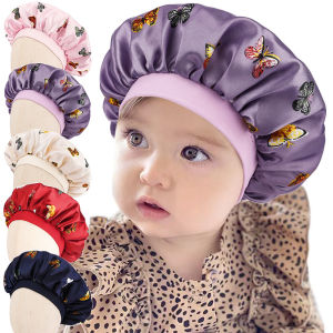 Butterfly Print Hair Protection Cap for Babies And Toddlers Bath Cap Childrens Show Cap Satin Sleep Hat No Brim round Top
