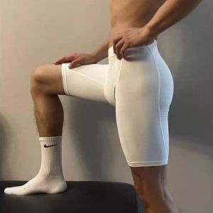 Mens Long Sports Underwear Cotton Breathable High Elasticity Hip Raising mid Waist Anti Wear Leggings Fitness Gym Shorts