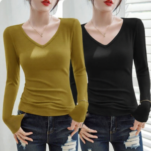 Lieoyuarn | Slimming V-Neck Long Sleeve T-Shirt Modal Elastic Top