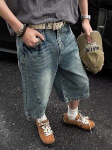 American Washed Distressed Design Mens Denim Seven-quarter Pants Summer Loose A-line Shape Shorts Trendy Straight Leg Jeans