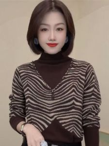 Warm Fleece T-Shirt Half High Collar Splicing Stripes Womens Shirt Slimming Young Looking Spring Commute Casual Style