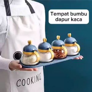 Tempat Bumbu Dapur Kaca N45 250g isi 3 Botol dengan Sendok & Tatakan
