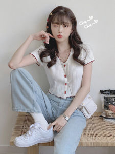 เสื้อยืดคอกลมแขนสั้นสไตล์หวานสำหรับผู้หญิงในช่วงฤดูร้อน เสื้อผ้าทำงานสไตล์เกาหลีแบบหลวมๆ สีสันสดใส ทรงเข้ารูป แขนสั้น