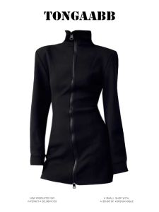 สไตล์อเมริกัน ซิป ถักแขนยาว เดรส ผู้หญิง ฤดูใบไม้ร่วง ฤดูหนาว Pure Desire สีดำ กระโปรงรัดรูป สลิมฟิต ถักด้านใน เดรส