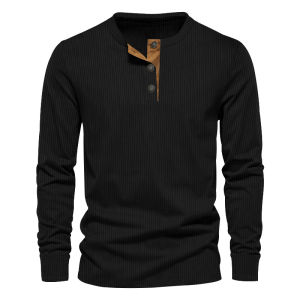 Youth Corduroy Solid Color Long Sleeve Henry Collar Slim Fit T-Shirt Polyester Fiber Pure Color Versatile Casual Top