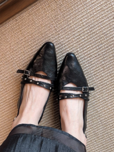 French Style Pointed Riveted Weave Buckle Strap Open Back Wedge Sandals