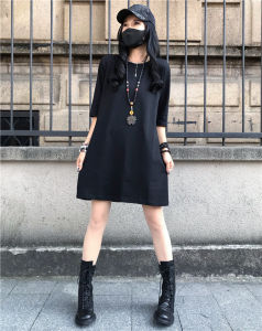 Fashionable Black T-shirt Dress A-Line Midi Skirt Loose Slimming Solid Color Commute High Waist Regular Sleeve Length Five