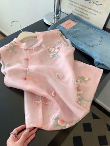 New Chinese Style Womens Short Sleeve Shirt Pink Floral Design Gentle Wind Small Audience National Style Button up Top