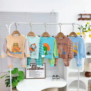 Bộ Quần Áo Trẻ Em Dài Tay Vải Kẻ Dệt Sọc NATUCO In Hình Hoạt Hình Cho Bé 8-30Kg Mặc Thu Đông TD-016