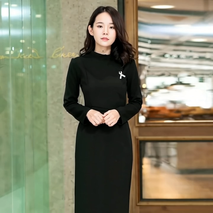 ชูดเดรสดำ แขนยาว ทรงสุภาพ ผ้าเนื้อดี สวยหรูดูแพง รุ่น D503