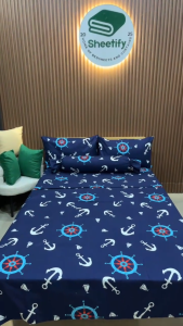 Sheetify I Navy Anchor I 3in1 Bedsheet Set w/ 2 Pillowcase 18X28 I Canadian Cotton I Full garter