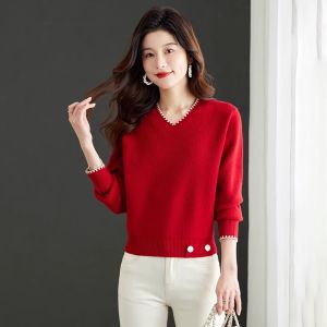 Áo Len Dệt Kim Cổ Chữ V Ngắn Cho Nữ Xuân Thu Đông Thường Ngày Cổ Tim Áo Sơ Mi Cơ Bản Cạp Cao Thoải Mái Phong Cách Hàn Quốc