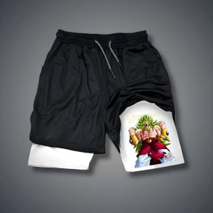 Bandai | Dragon Ball Mens Shorts Double Layer 2-in-1 Pants Broly Japanese Anime Summer and Autumn Fake Two-piece New Running Sweatpants