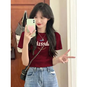 Áo Thun Tay Ngắn Màu Đỏ Rượu Vang Cho Nữ Mùa Hè Phong Cách Mới Cổ Tròn Dáng Ôm Vừa Vặn Chất Liệu Cotton Phong Cách Mỹ Cổ Điển