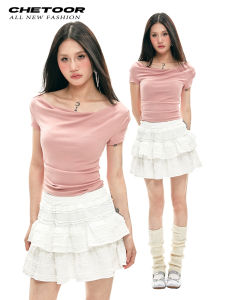 Sweet Cool Girl Pink One-Shoulder Short-Sleeve T-Shirt Womens Fashion Slim Fit Summer New Design Short Top Cotton Blend