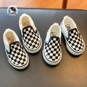 Kids Black and White Gingham Canvas Shoes Fall and Winter Boys and Girls Plush Padded Board Shoes Childrens Slip-on Cloth Shoes Baby Cotton Shoes