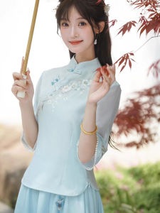 Elegant Embroidered Cheongsam Top And Skirt Set Womens Summer Thin Cotton Polyester Hanfu Traditional Chinese Tea Costume