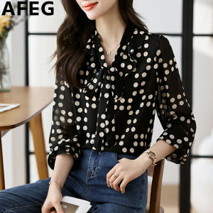 AFEG Korean V-neck bow fashion loose temperament polka dot chiffon long-sleeved blouse for women