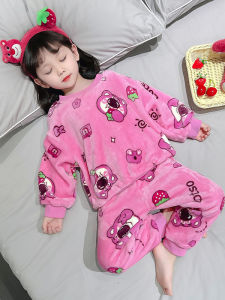 Girls Strawberry Bear Flannel Sleepwear Set Long Sleeve Long Pants Comfortable Soft Coral Fleece Home Clothes Autumn Winter