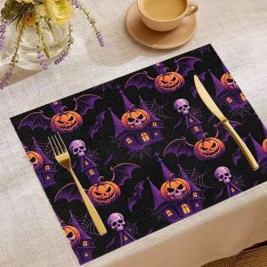 VIKAMA 2/4/6pcs Halloween Meal Mat Pumpkin Ghost Bat Wizard Hat Spider Web Bow Wreath Table Mat Spooky Table Party Decoration