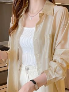 เสื้อเชิ้ตผู้หญิงผ้าไหมน้ำแข็งกันแดด ระบายอากาศได้ดี น้ำหนักเบา แขนยาว คอโปโล ฤดูร้อน 2024 เสื้อคลุมกันหนาวแบบใหม่