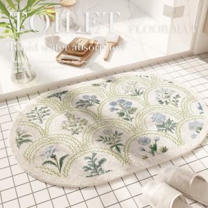 VIKAMA Floral Print Oval Bathroom Floor Mats Bathroom Absorbent Anti Slip Foot Mats Home Decoration Mats