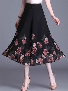 Summer Thin Chiffon High Waist Wide Leg Pants Womens Seven-Foot Skirt Pants Drapey Floral Print Casual Trousers for Older Women