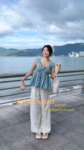 Set thiết kế du lịch đi biển set tiểu thư mặc hè áo kiểu caro Ren Xô Đũi hoa form babydoll phối quần suông dài Xước dễ thuơg