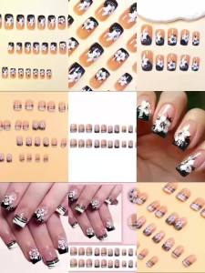 Bộ Móng Tay Giả Acrylic Ngắn Trung Bình Kiểu Pháp Hình Vuông Họa Tiết Hoa Đen Trắng Đính Kim Tuyến Dành Cho Nữ Và Bé Gái 24 Móng/bộ Dùng Cho Tiệc Tùng