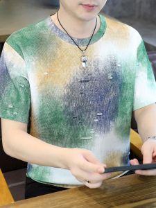 HENGYUANXIANG | Fashionable Summer 2025 Mens Short Sleeve T-Shirt Color Block Tie Dye Hole Round Neck Breathable Thin Standard Fit Urban Style