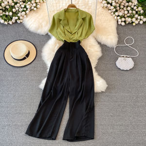 Fancy Fashion Ladies V-neck Jumpsuit Elegant Pleated Waist Tight Silm Straight-leg Loose Pants Jumpsuit Summer