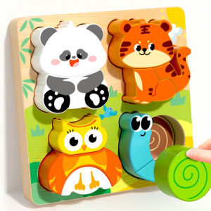 Four-in-one Wooden Toy 3D Wooden Puzzle Cartoon Animal Cognitive Puzzle Early Learning and Educational Toy for Children Gift