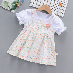 Elegant Lightweight Girls Dress Short Sleeves Fake Two Pieces Floral 2026 New Summer