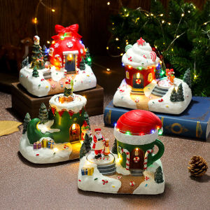 [JYA store] Christmas Glowing Ornaments Christmas Resin Luminous Rotating With Music Ornaments Christmas Gifts Music Box Christmas Village House Christmas Decorations