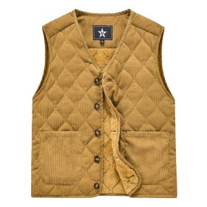 Autumn Winter Padded Warm Vest Mens Diamond Check Shoulder Undershirt Workwear Corduroy V-neck Jackets Men Clothing Large Size