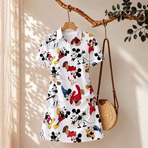 Disney | Womens Disney Mickey Mouse Print Polo Collar Dress 2026 Short Sleeve Elegant Gown New Casual Clothes for Ladies Cartoon Cuteore