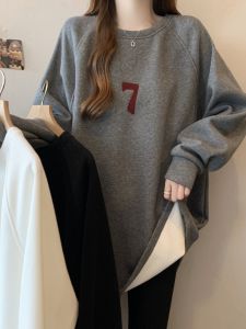 plus Size Womens Loose Lazy Style Fleece Lined Thickened Sweatshirt Slimming mid Length Butt Covering Casual Top
