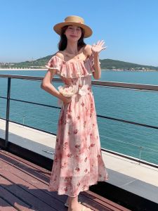 Pink Floral Princess Dress Womens Summer New Style French Court Waist Cinching Long A-Line Skirt Commute Short Sleeve One-Piece