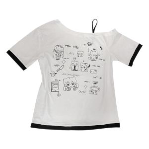 Áo Thun Nữ Nhật Bản Y2K Dễ Thương Lệch Vai Màu Trắng Tay Ngắn Mùa Hè Harajuku In Hình Hoạt Hình Tee Sweet Subculture Junior