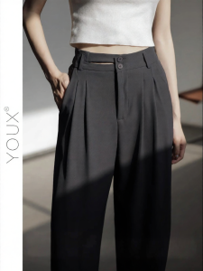 YOUXIANG | Quần Drapey Chân Rộng Eo Cao Thiết Kế Vintage