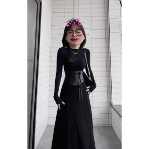 Hebe Style Womens Coat Inner Dress Slimming A-Line Skirt Long Sleeve Mid-Length Autumn Winter New Arrival Hidden Waist Design