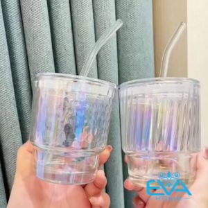 Cốc thuỷ tinh màu sắc kèm ống hút cốc nước cầu vòng siêu đẹp có ống hút ly thủy tinh 7 màu cầu vòng óng ánh cao cấp cốc thủy tinh colorful cầu vòng