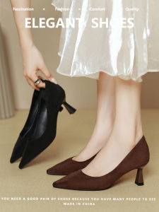 Elegant Pointed Toe High Heels Womens Medium Heel Comfortable Work Shoes Black Velvet Surface French Style Single Shoes