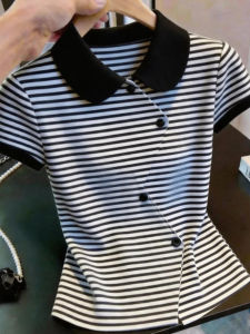 NUMEN BUTTON | Fashion Stripe Lapel Short Sleeve Summer Elegant Slimming T-Shirt