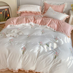Princess Style Bedding Set Ice Silk Lace Trimmed White Three Piece Quilt Cover Sheet Summer Cool Feeling Korean Style Bed Linens
