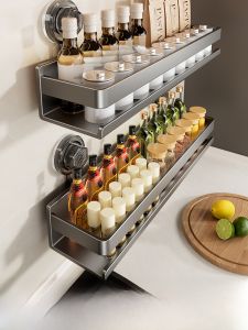Stainless Steel Kitchen Wall Mounted Storage Rack No Drilling Required Multi Functional Spice Can Holder Iron Material